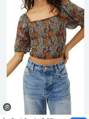 Smocked Square-Neck Puff Sleeve Crop Top - Multi Floral FREE PEOPLE